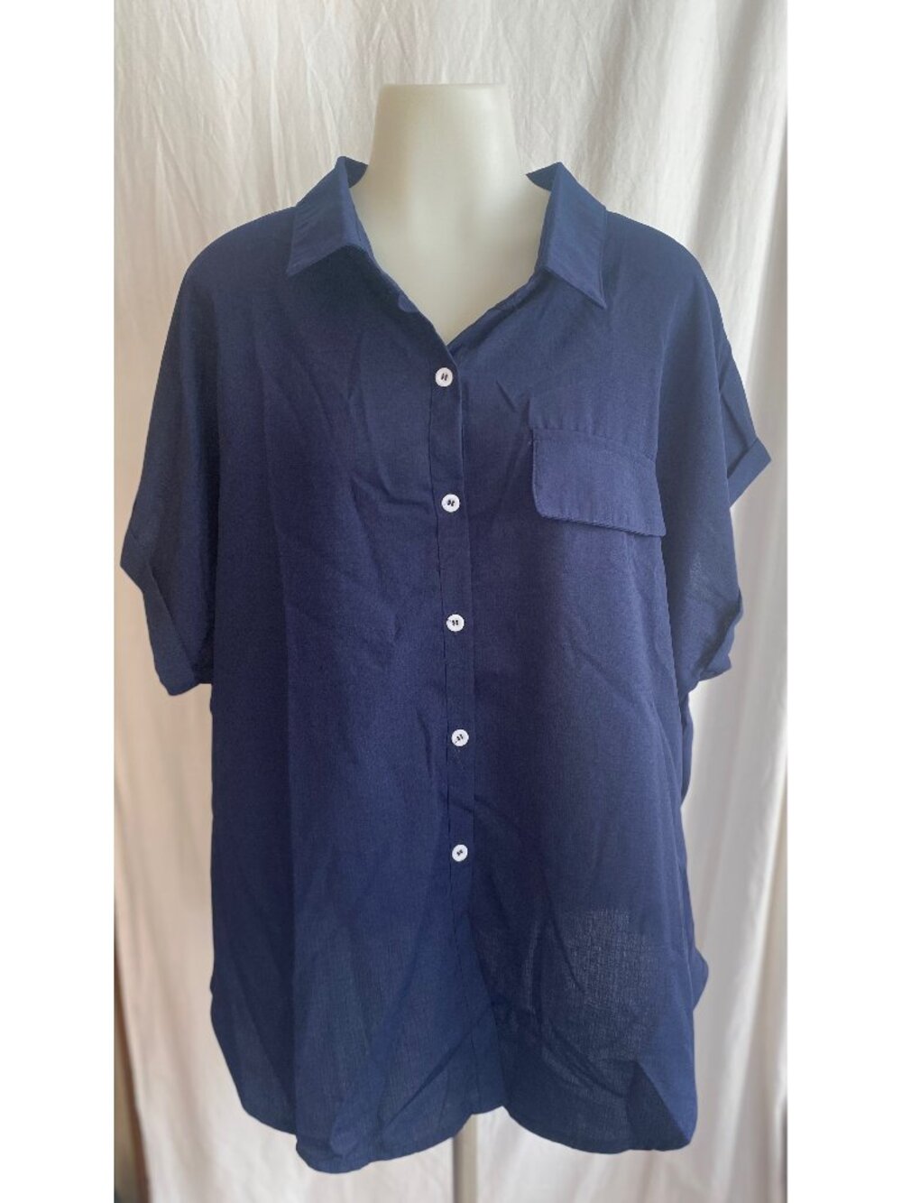 Emery Rose Navy Blue Short Sleeve Collared Button Front Blouse